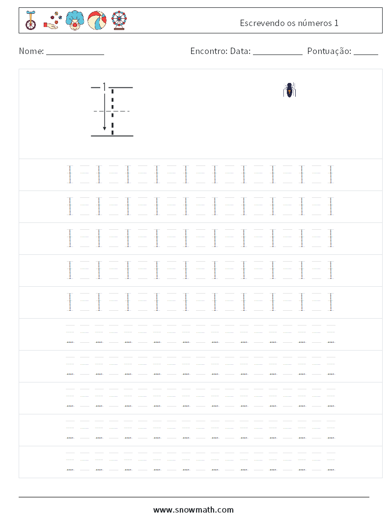 Escrevendo os números 1 planilhas matemáticas 15