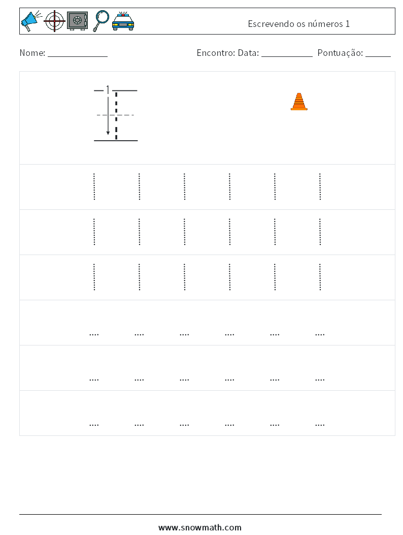 Escrevendo os números 1 planilhas matemáticas 7