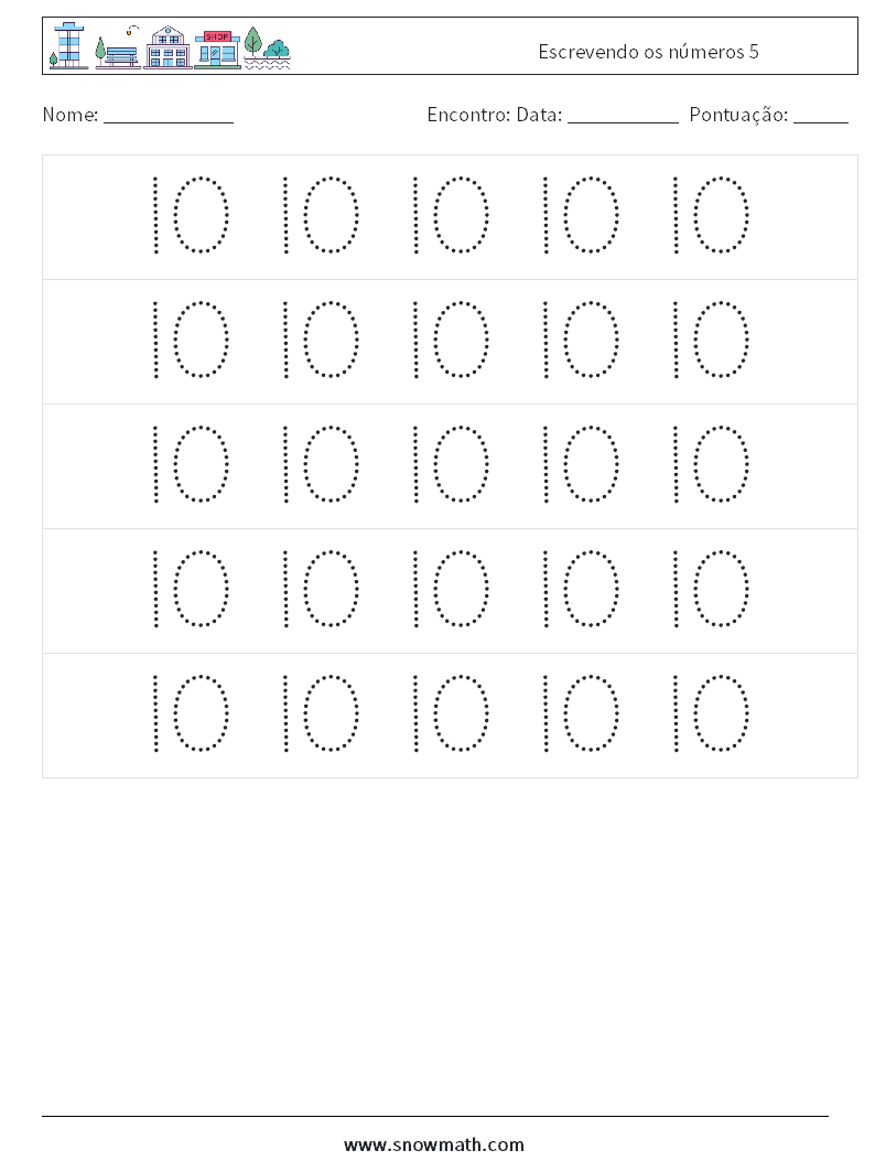 Escrevendo os números 5 planilhas matemáticas 10