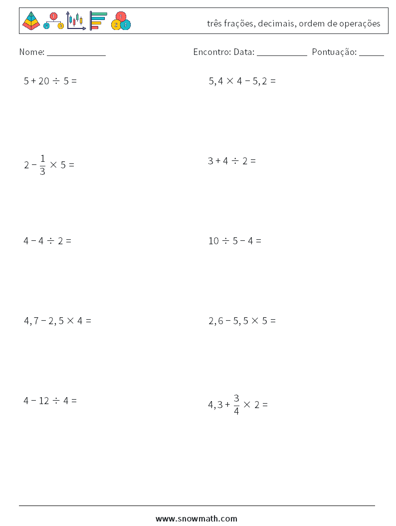 (10) três frações, decimais, ordem de operações planilhas matemáticas 12