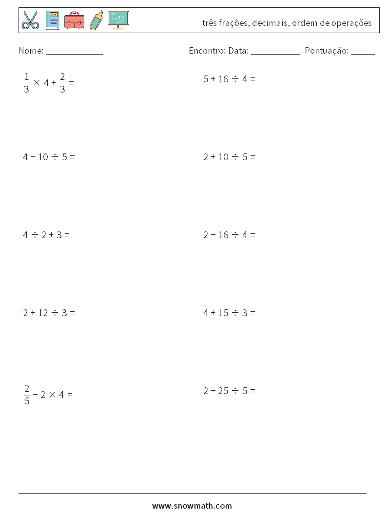 (10) três frações, decimais, ordem de operações planilhas matemáticas 13