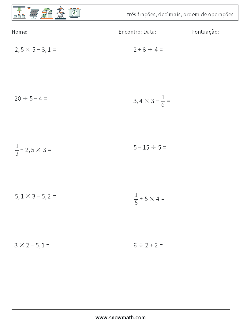 (10) três frações, decimais, ordem de operações planilhas matemáticas 16