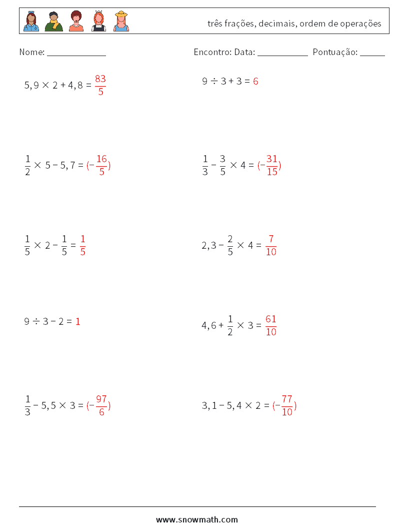 (10) três frações, decimais, ordem de operações planilhas matemáticas 17 Pergunta, Resposta