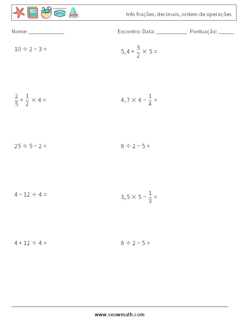 (10) três frações, decimais, ordem de operações planilhas matemáticas 2
