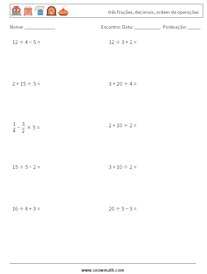 (10) três frações, decimais, ordem de operações planilhas matemáticas 4