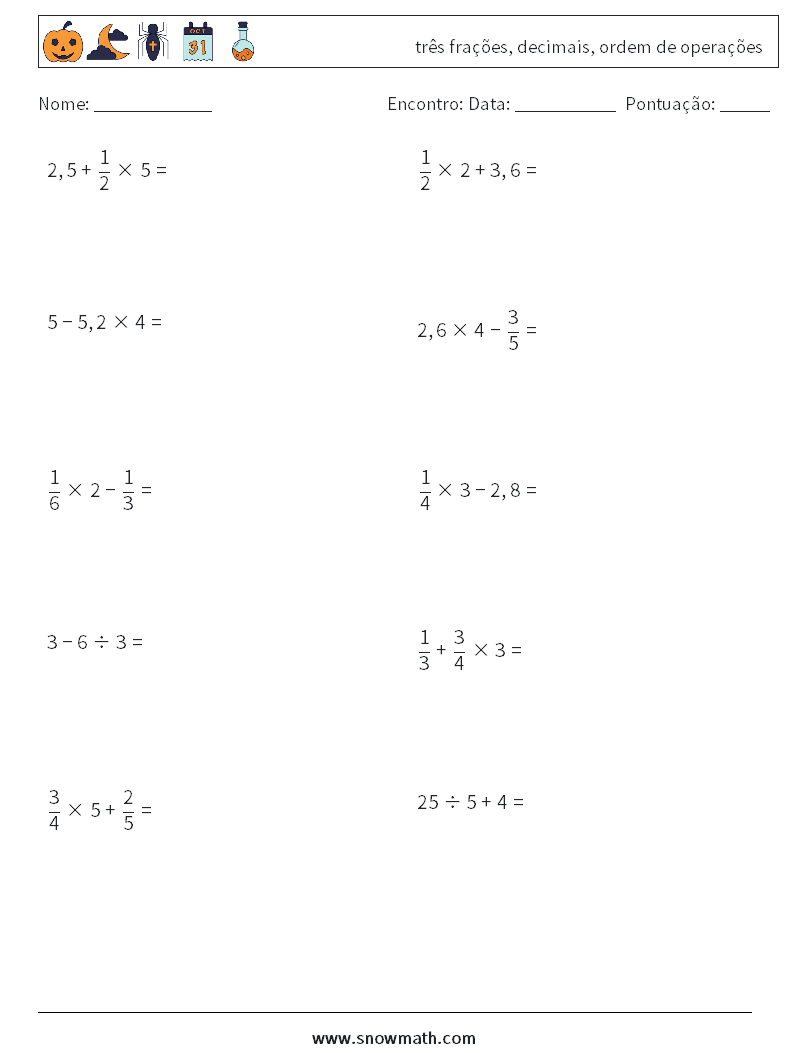 (10) três frações, decimais, ordem de operações planilhas matemáticas 6