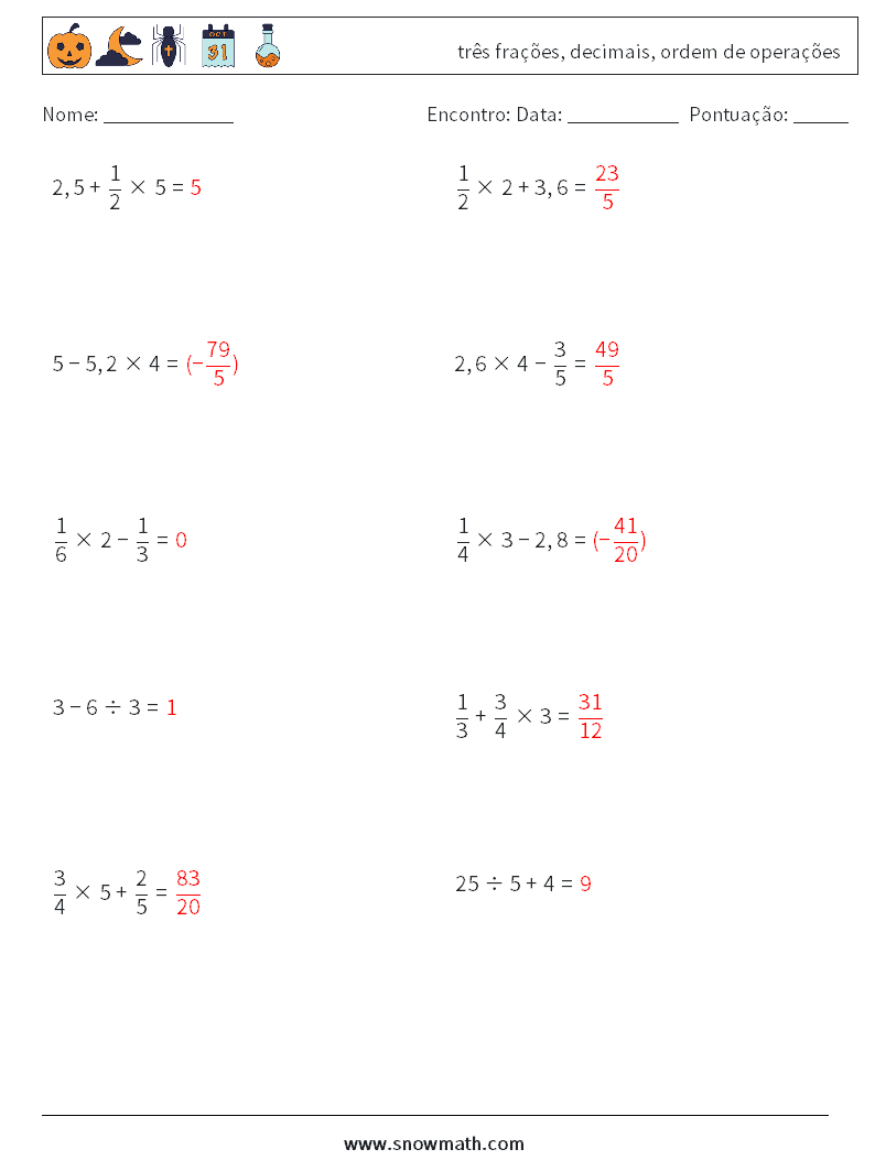(10) três frações, decimais, ordem de operações planilhas matemáticas 6 Pergunta, Resposta