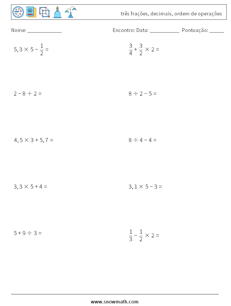 (10) três frações, decimais, ordem de operações planilhas matemáticas 7