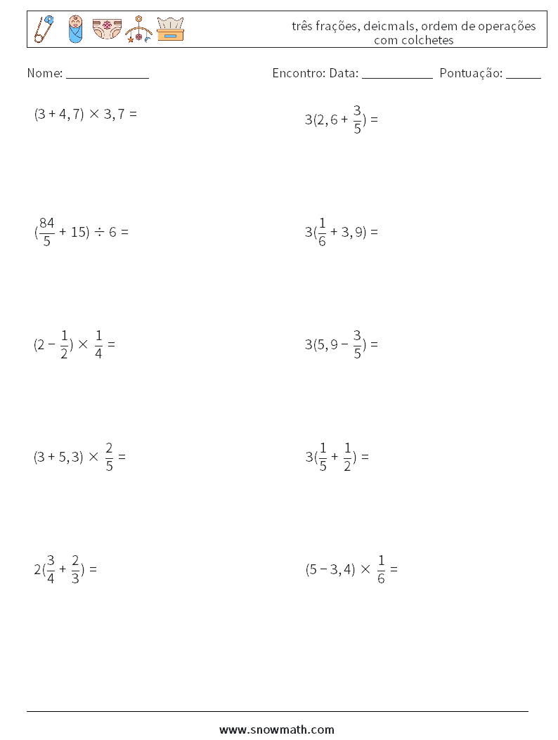 (10) três frações, deicmals, ordem de operações com colchetes planilhas matemáticas 1