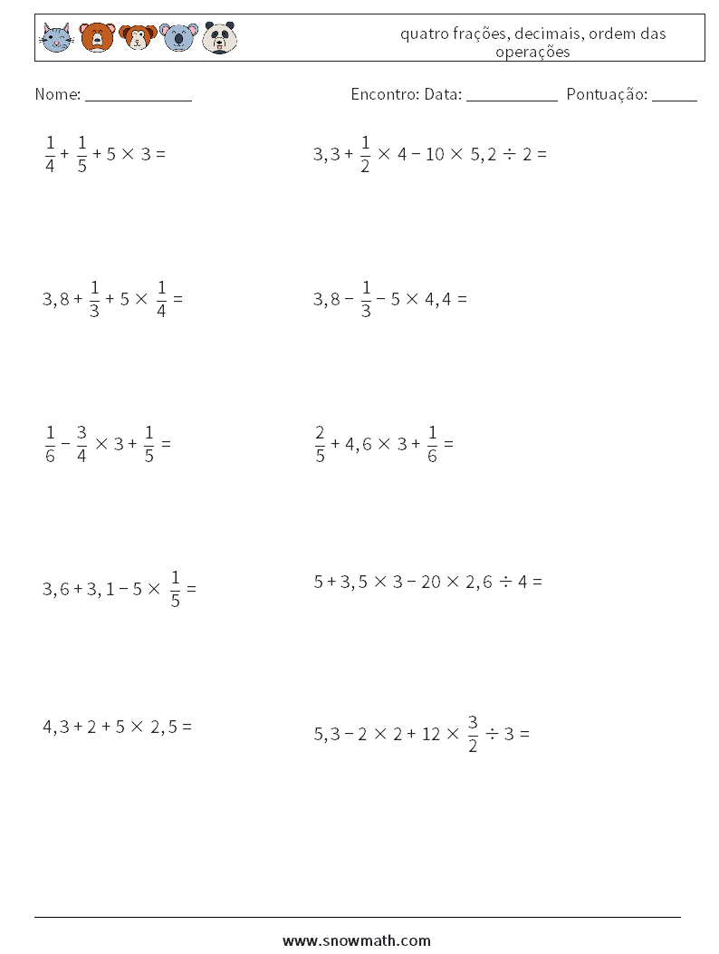 (10) quatro frações, decimais, ordem das operações planilhas matemáticas 10