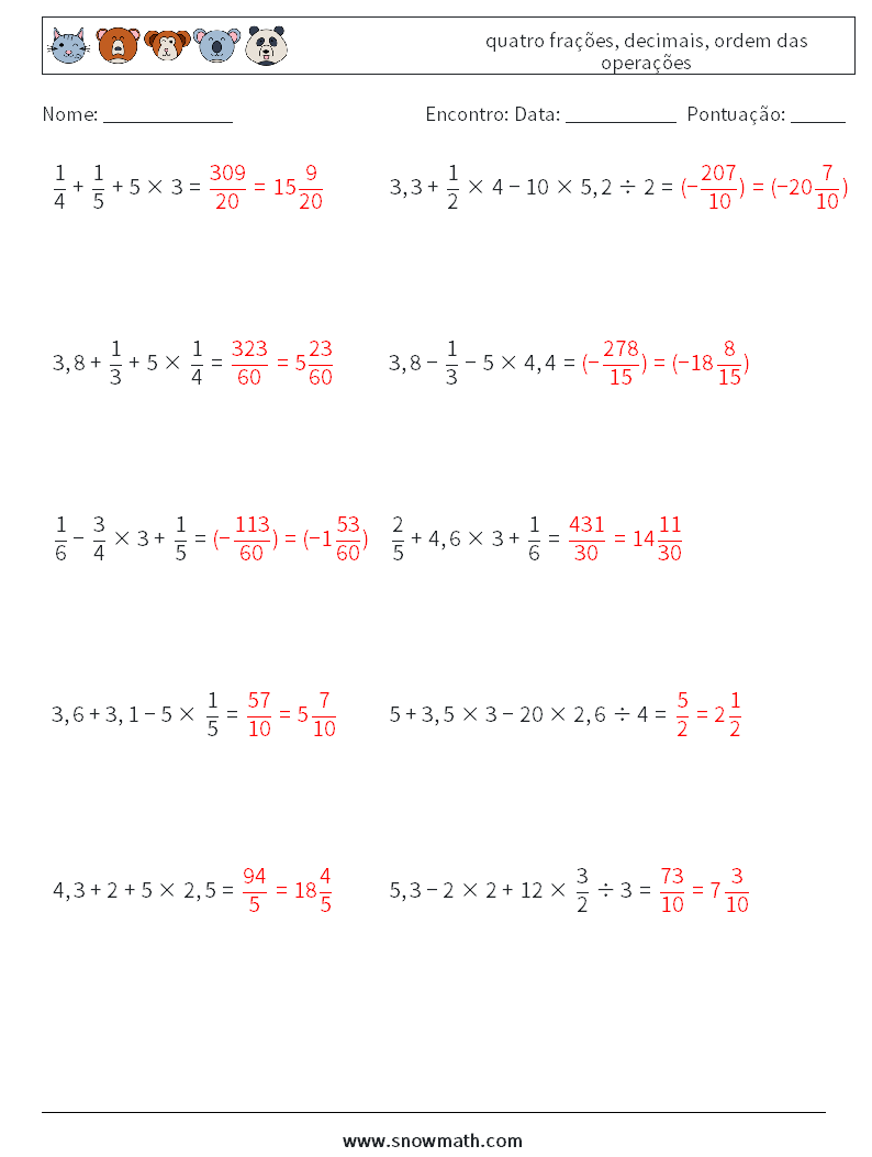 (10) quatro frações, decimais, ordem das operações planilhas matemáticas 10 Pergunta, Resposta
