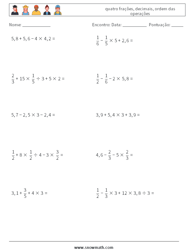 (10) quatro frações, decimais, ordem das operações planilhas matemáticas 11
