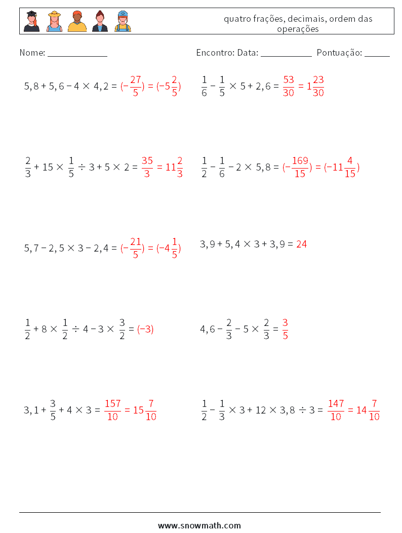 (10) quatro frações, decimais, ordem das operações planilhas matemáticas 11 Pergunta, Resposta