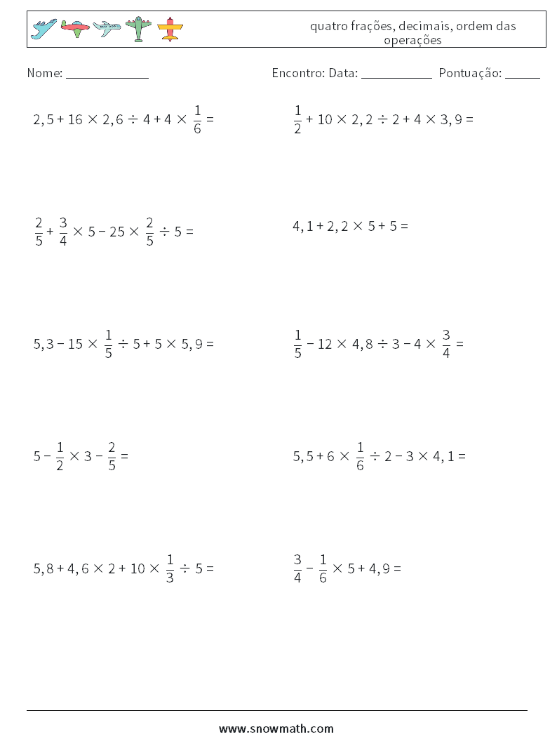 (10) quatro frações, decimais, ordem das operações planilhas matemáticas 12
