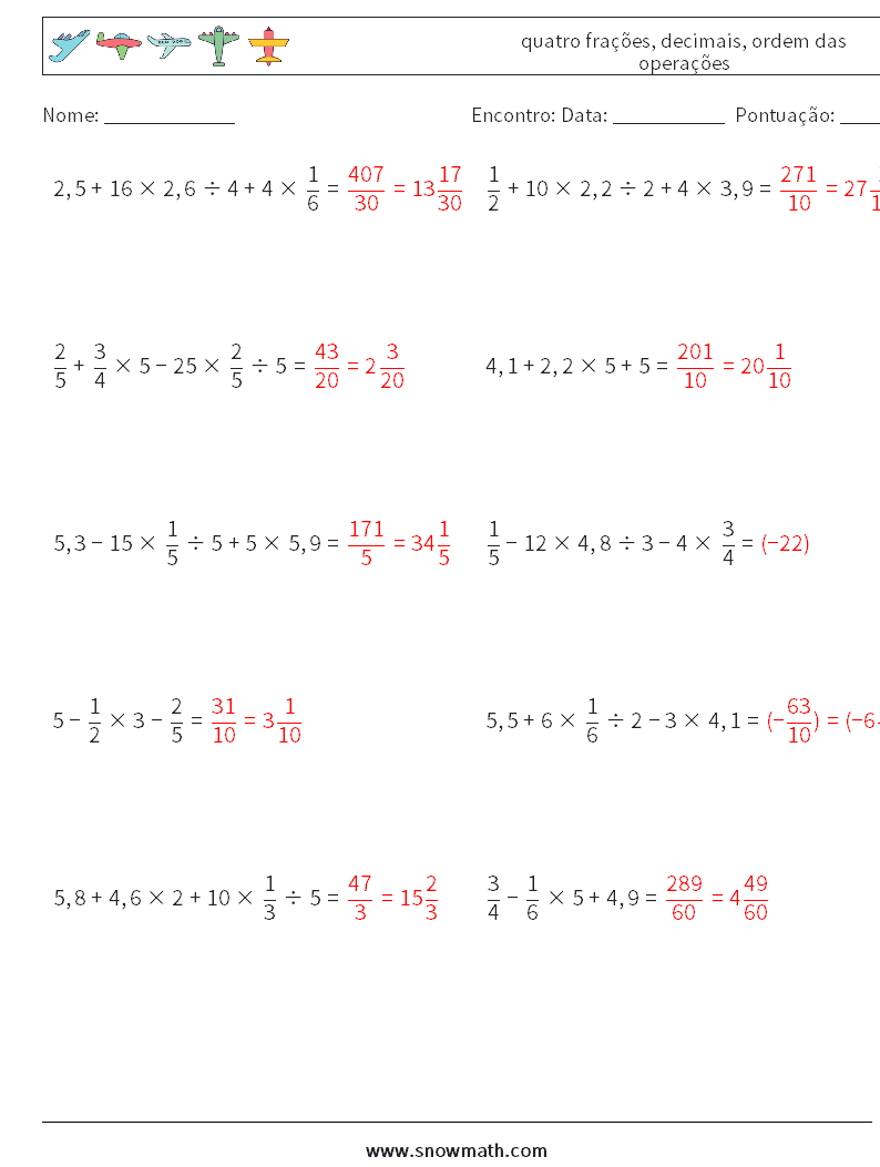 (10) quatro frações, decimais, ordem das operações planilhas matemáticas 12 Pergunta, Resposta