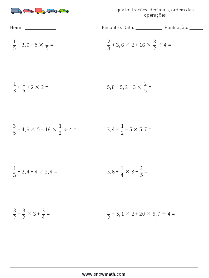 (10) quatro frações, decimais, ordem das operações planilhas matemáticas 13