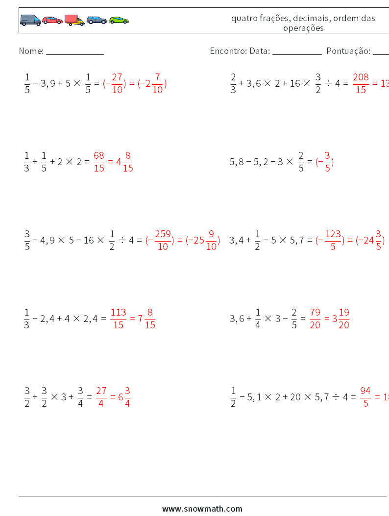 (10) quatro frações, decimais, ordem das operações planilhas matemáticas 13 Pergunta, Resposta