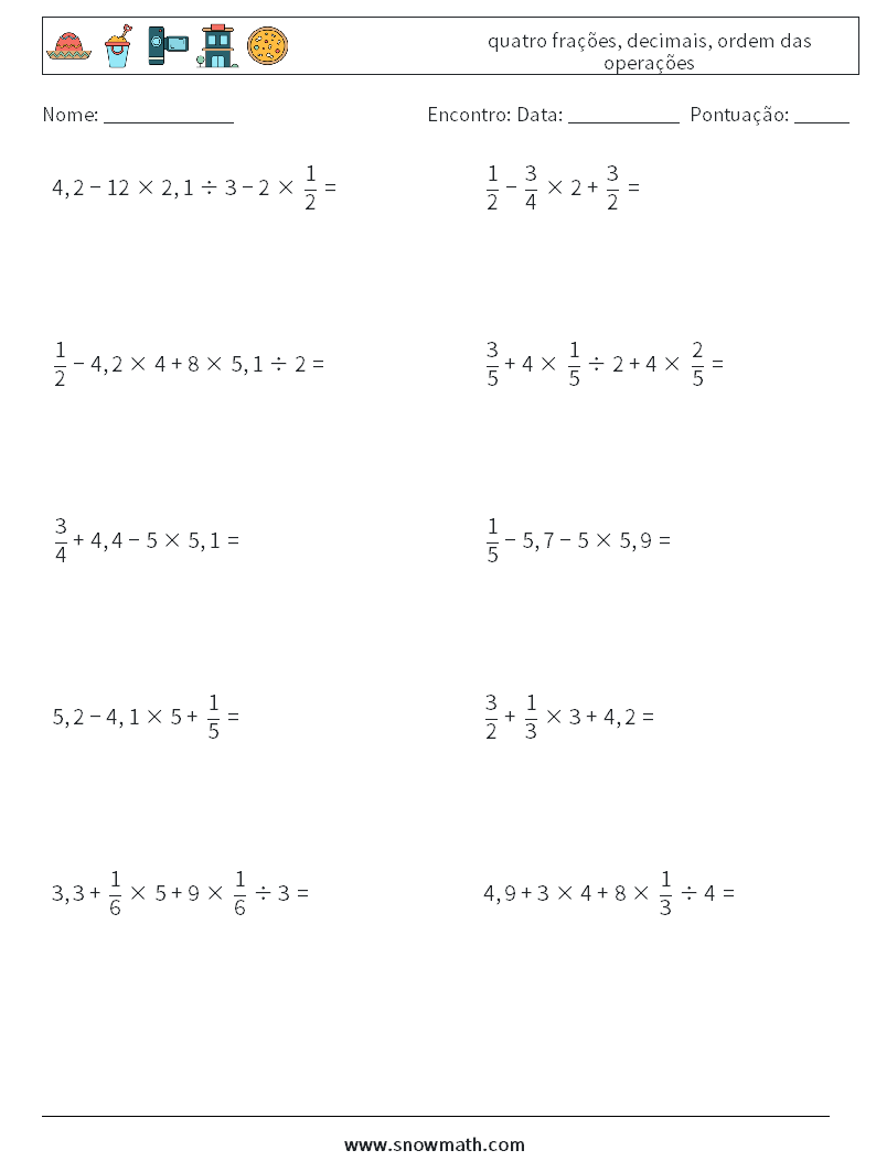 (10) quatro frações, decimais, ordem das operações planilhas matemáticas 14