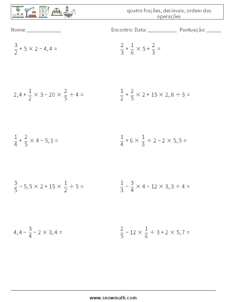 (10) quatro frações, decimais, ordem das operações planilhas matemáticas 15
