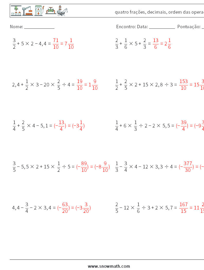 (10) quatro frações, decimais, ordem das operações planilhas matemáticas 15 Pergunta, Resposta