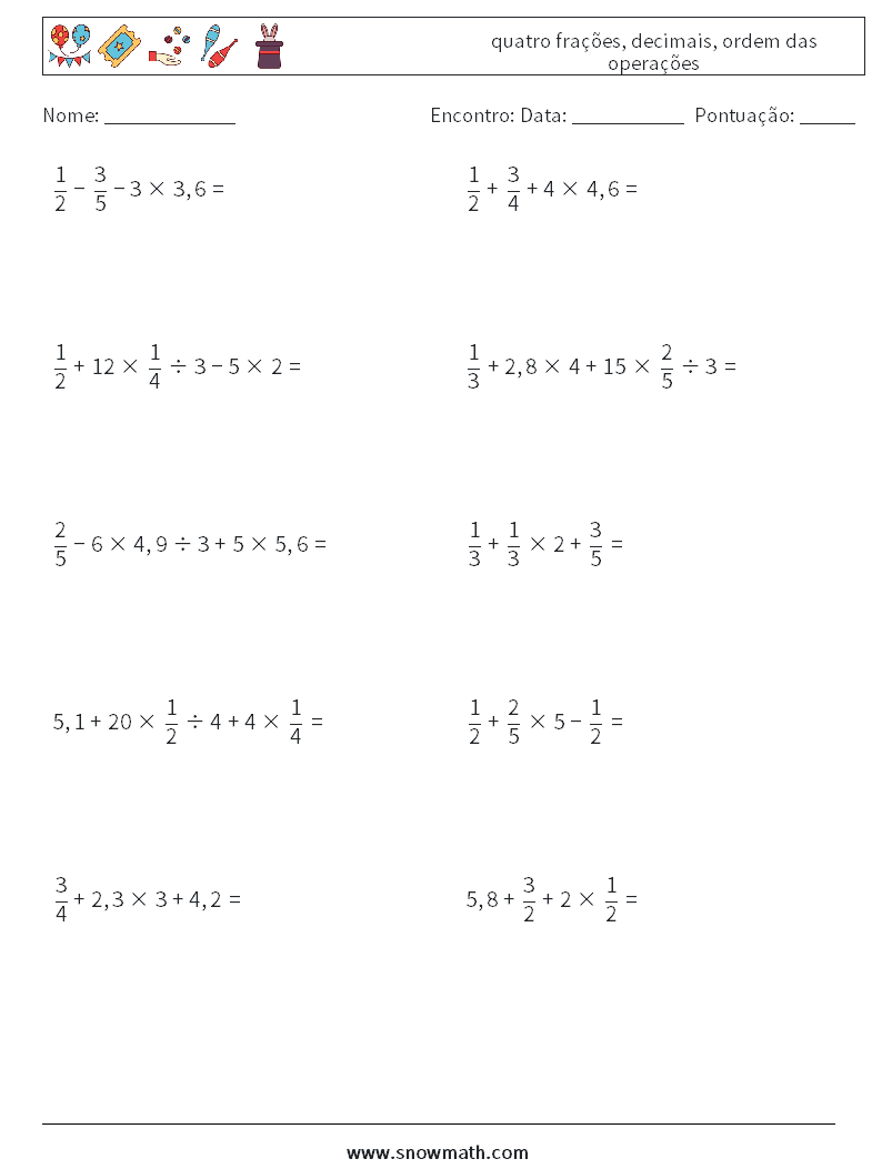 (10) quatro frações, decimais, ordem das operações planilhas matemáticas 16