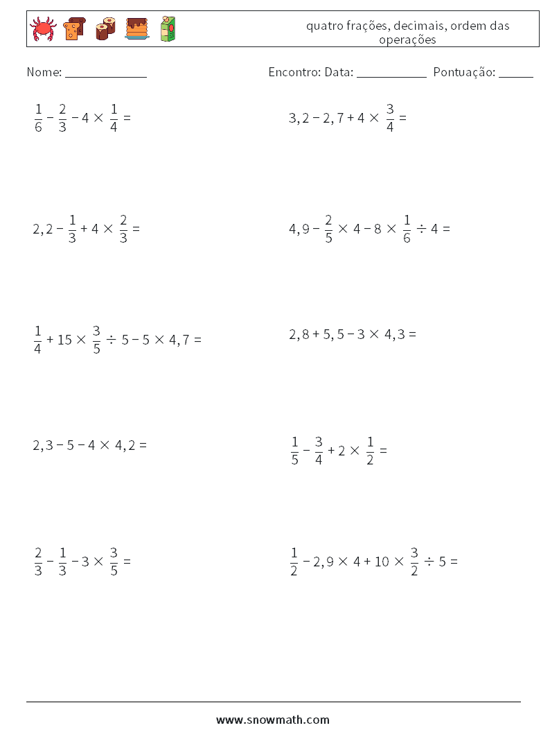 (10) quatro frações, decimais, ordem das operações planilhas matemáticas 17