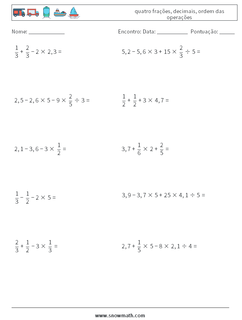 (10) quatro frações, decimais, ordem das operações planilhas matemáticas 18