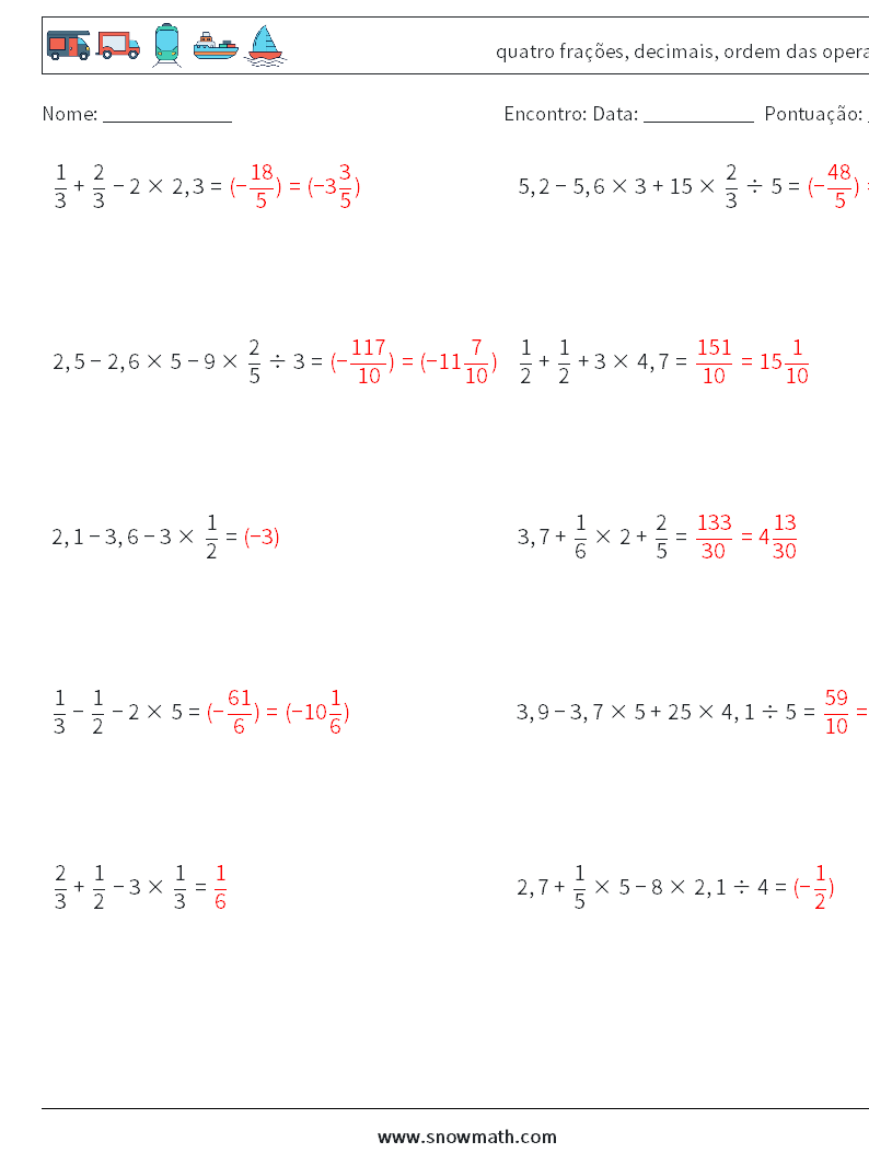 (10) quatro frações, decimais, ordem das operações planilhas matemáticas 18 Pergunta, Resposta