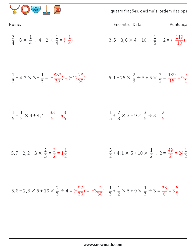 (10) quatro frações, decimais, ordem das operações planilhas matemáticas 1 Pergunta, Resposta