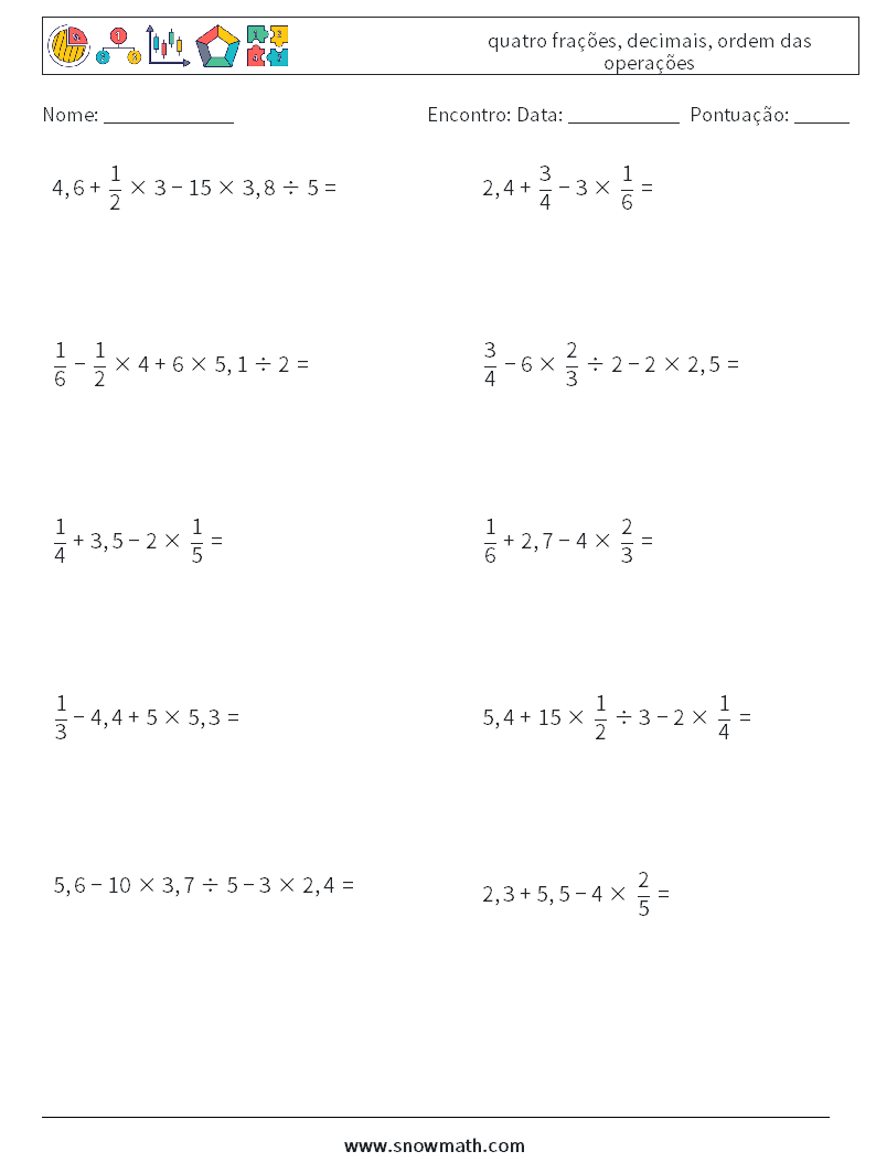 (10) quatro frações, decimais, ordem das operações planilhas matemáticas 2
