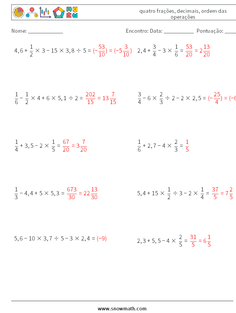 (10) quatro frações, decimais, ordem das operações planilhas matemáticas 2 Pergunta, Resposta