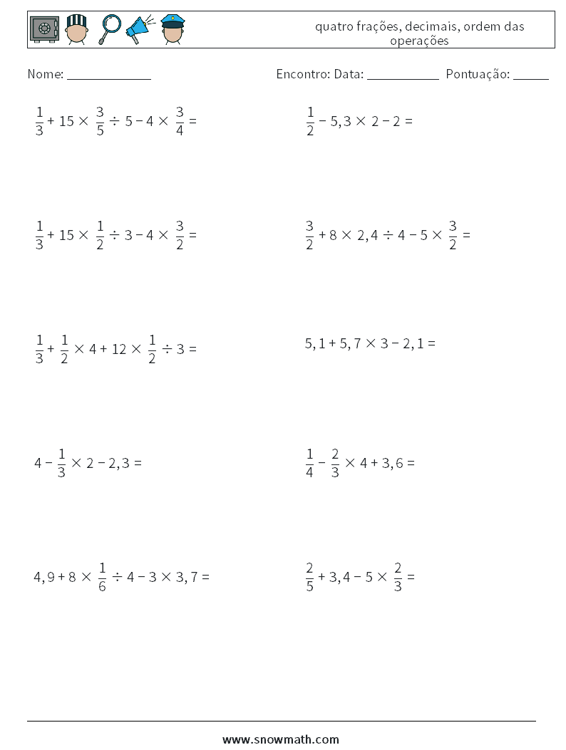 (10) quatro frações, decimais, ordem das operações planilhas matemáticas 3