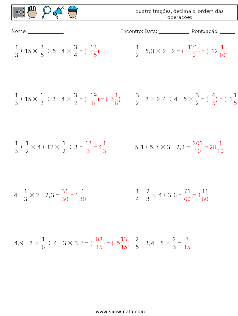 (10) quatro frações, decimais, ordem das operações planilhas matemáticas 3 Pergunta, Resposta