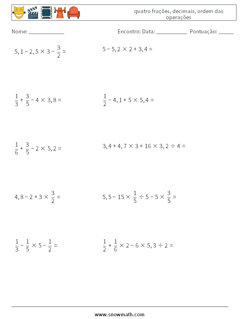 (10) quatro frações, decimais, ordem das operações planilhas matemáticas 4
