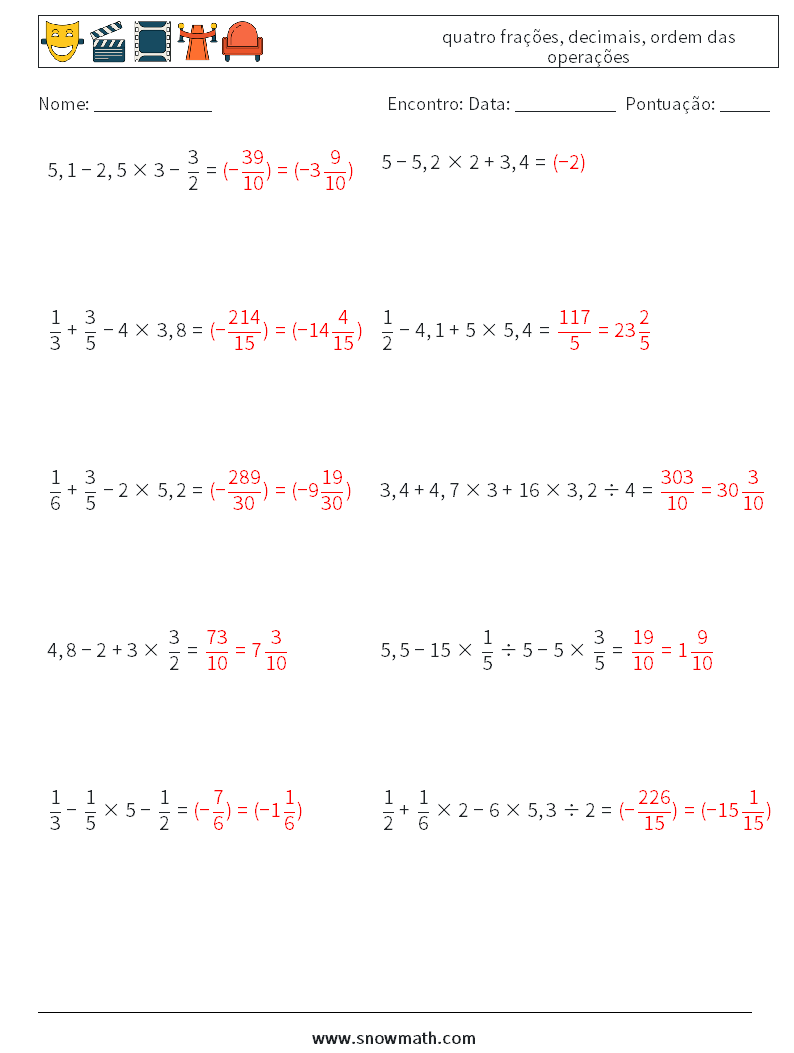 (10) quatro frações, decimais, ordem das operações planilhas matemáticas 4 Pergunta, Resposta