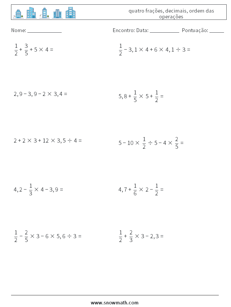 (10) quatro frações, decimais, ordem das operações planilhas matemáticas 5