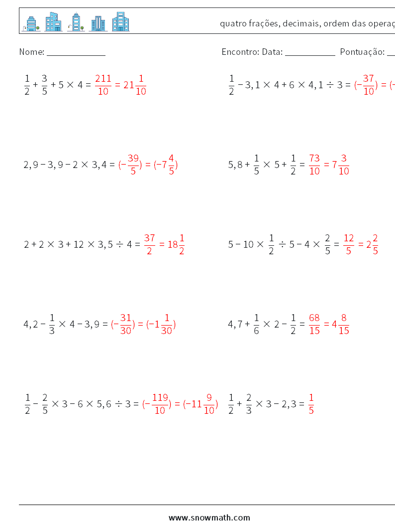 (10) quatro frações, decimais, ordem das operações planilhas matemáticas 5 Pergunta, Resposta