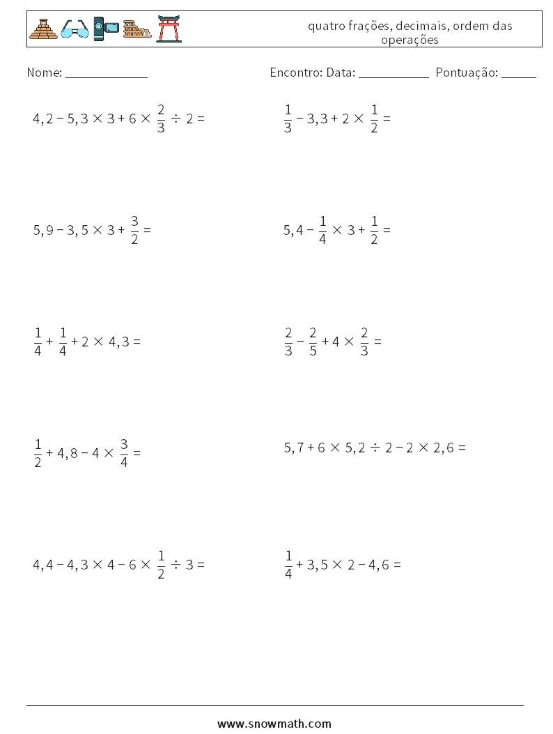 (10) quatro frações, decimais, ordem das operações planilhas matemáticas 6