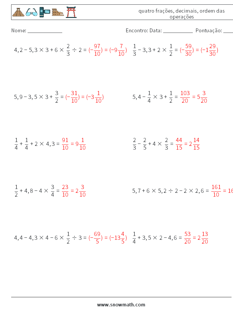 (10) quatro frações, decimais, ordem das operações planilhas matemáticas 6 Pergunta, Resposta