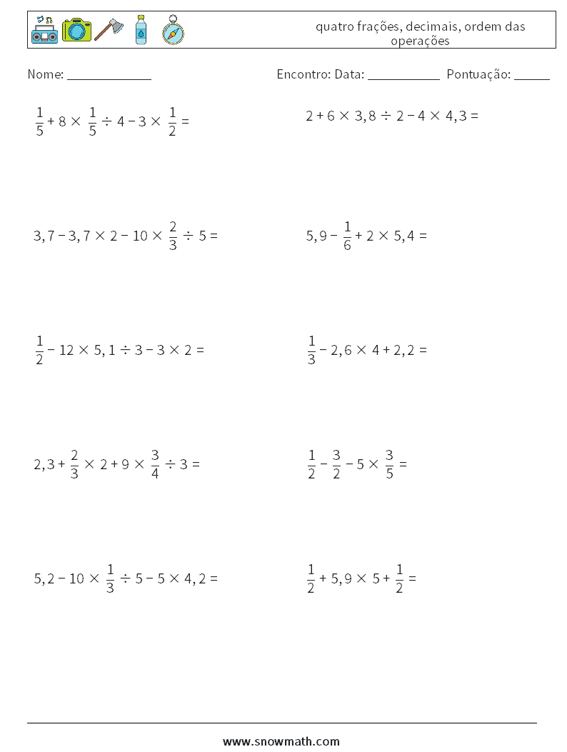 (10) quatro frações, decimais, ordem das operações planilhas matemáticas 7