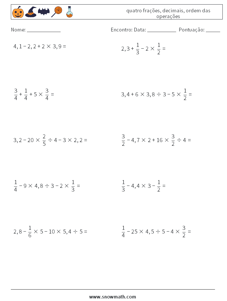 (10) quatro frações, decimais, ordem das operações planilhas matemáticas 8