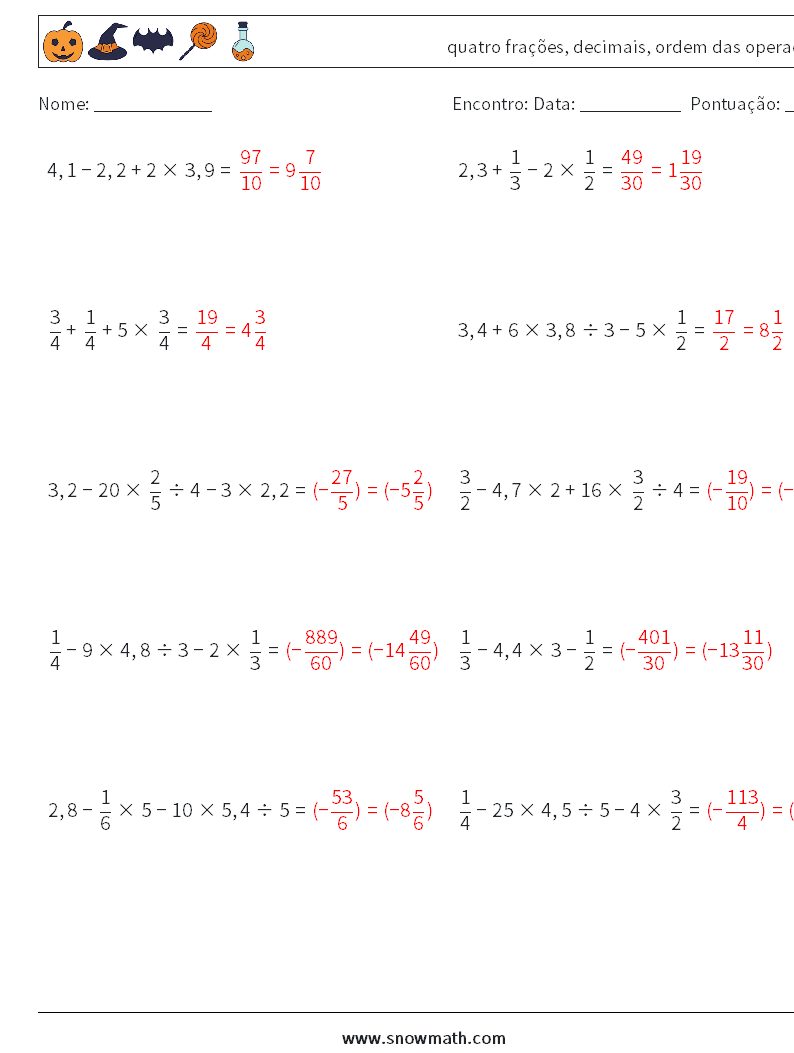 (10) quatro frações, decimais, ordem das operações planilhas matemáticas 8 Pergunta, Resposta