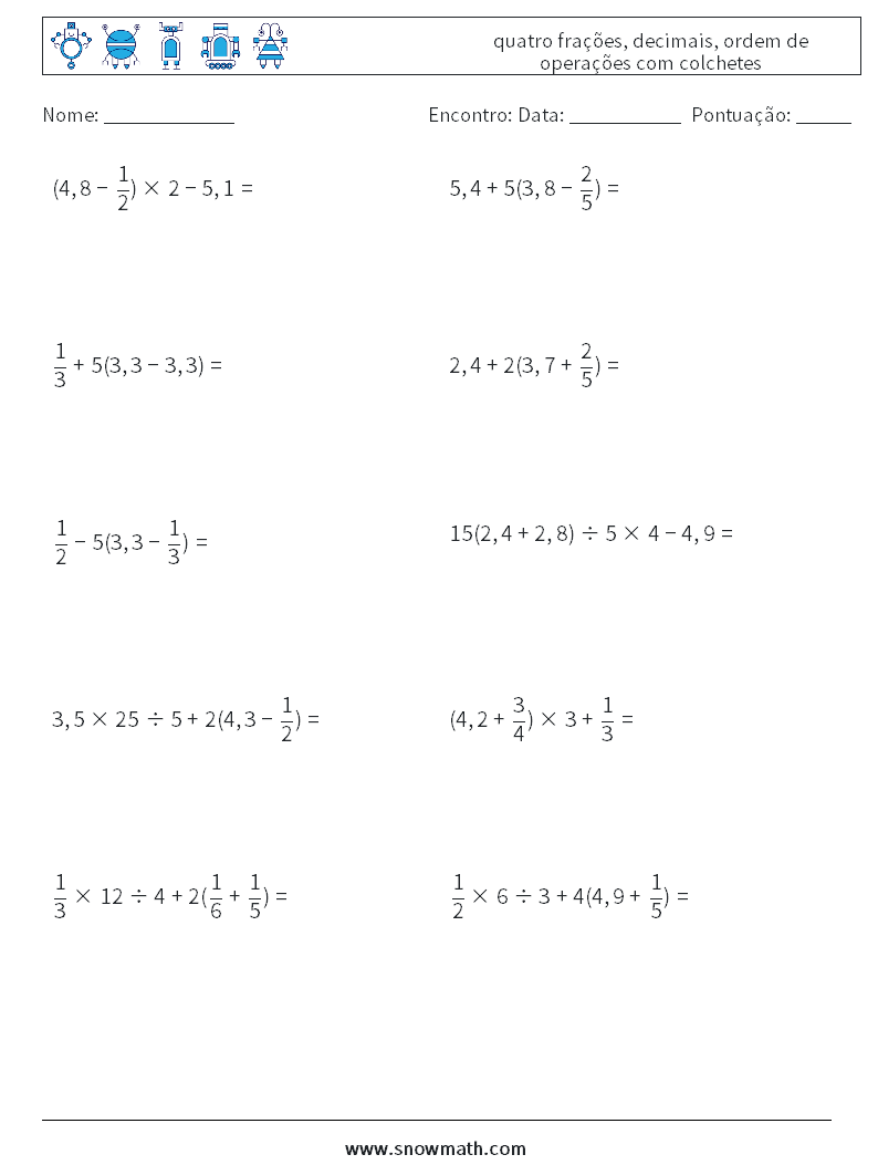 (10) quatro frações, decimais, ordem de operações com colchetes planilhas matemáticas 1