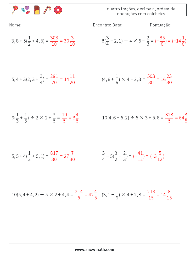 (10) quatro frações, decimais, ordem de operações com colchetes planilhas matemáticas 10 Pergunta, Resposta