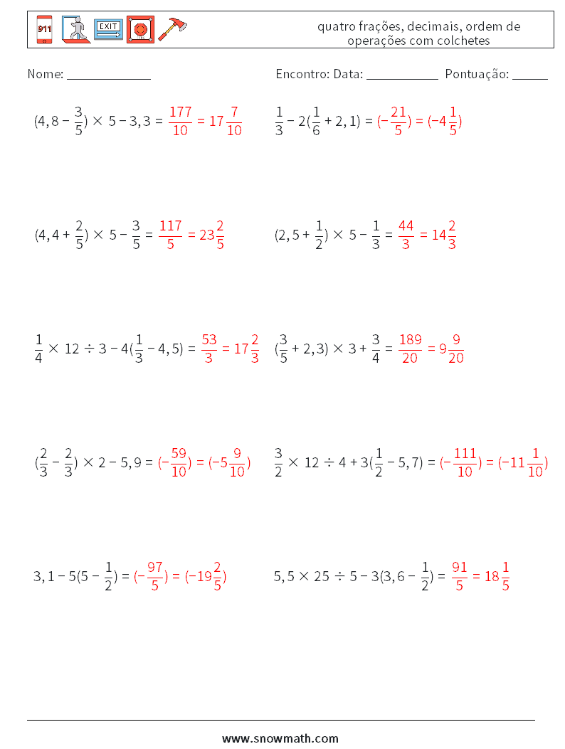 (10) quatro frações, decimais, ordem de operações com colchetes planilhas matemáticas 11 Pergunta, Resposta