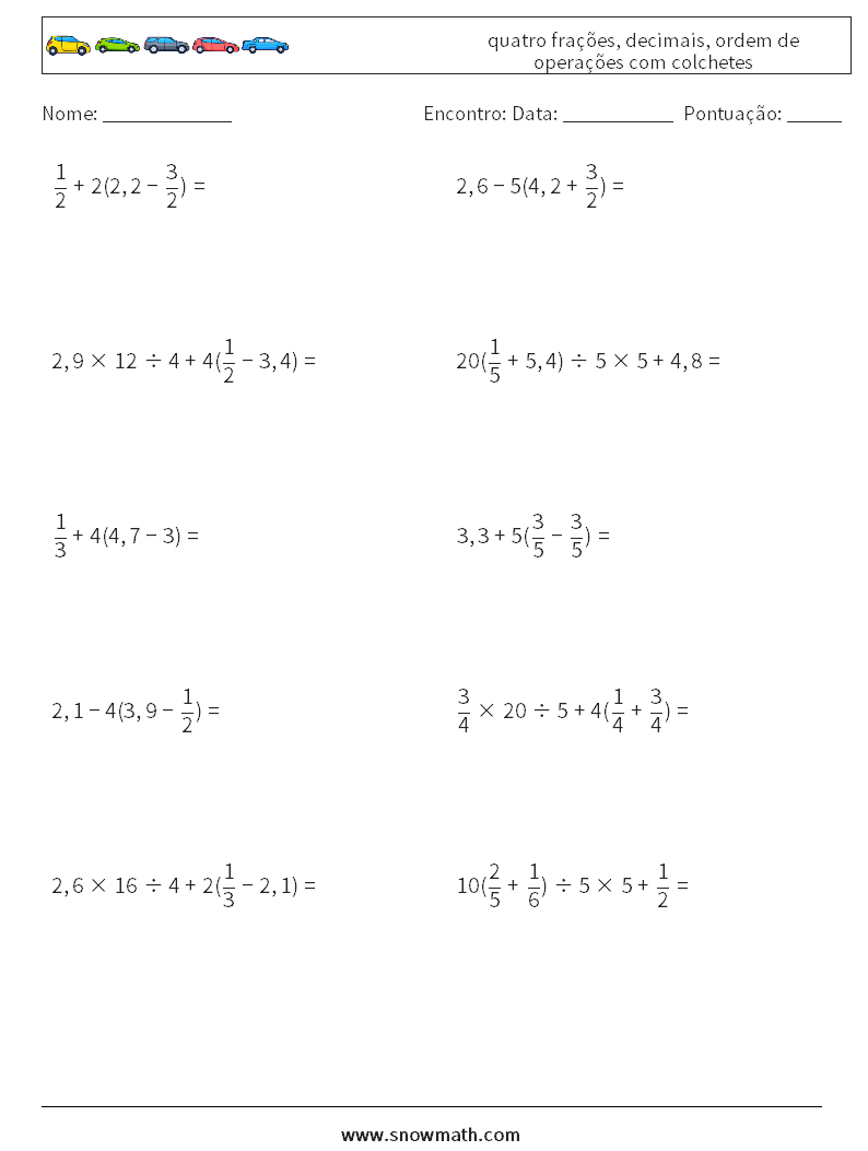 (10) quatro frações, decimais, ordem de operações com colchetes planilhas matemáticas 12