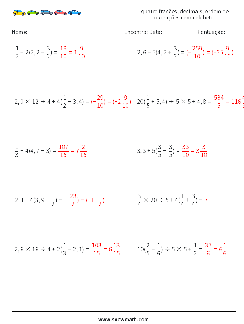 (10) quatro frações, decimais, ordem de operações com colchetes planilhas matemáticas 12 Pergunta, Resposta