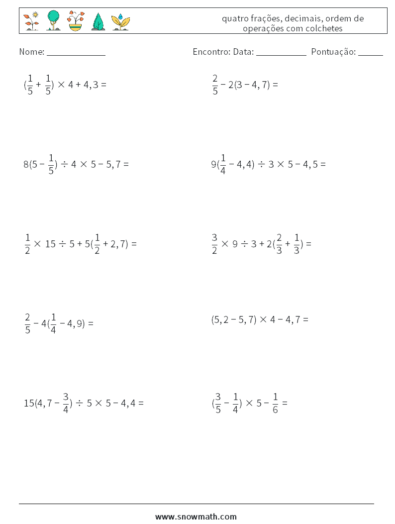 (10) quatro frações, decimais, ordem de operações com colchetes planilhas matemáticas 13