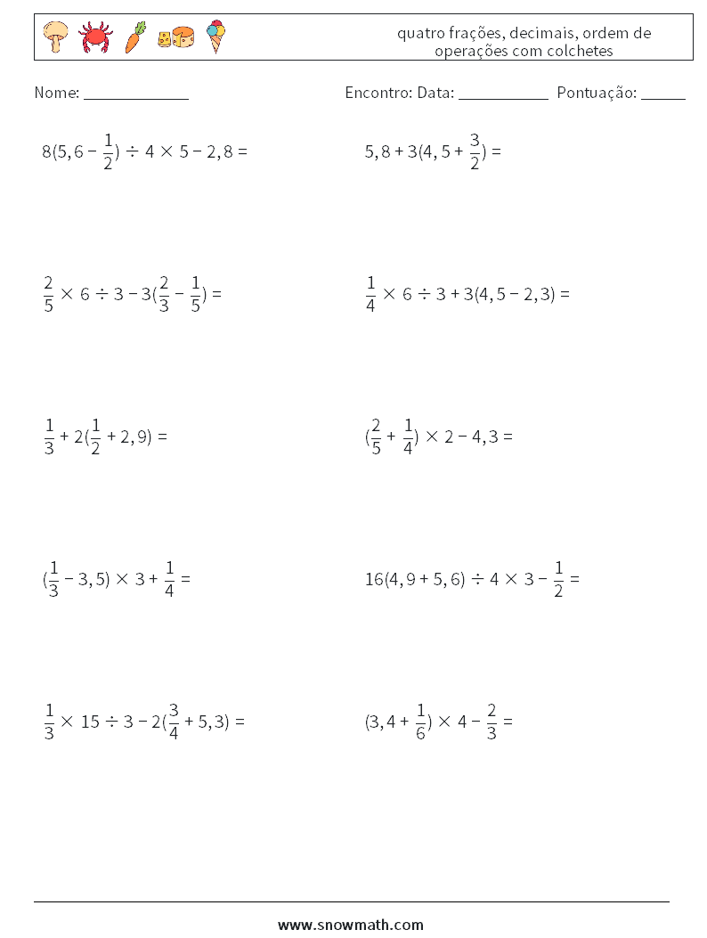 (10) quatro frações, decimais, ordem de operações com colchetes planilhas matemáticas 15