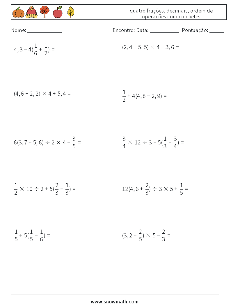 (10) quatro frações, decimais, ordem de operações com colchetes planilhas matemáticas 16